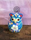 Dark Blue Small Wooden Owl With Flower Pattern 12cm x 5cm Handmade and Fairtrade