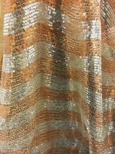 ORANGE GOLD SILVER WAVY STRIPE SEQUINS STRETCH MESH FABRIC (45 in.) Sold BTY - Picture 1 of 6
