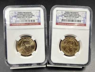 2007 P & D $1 Thomas Jefferson Presidential Dollar Two Coin Set NGC FDOI BU - Image 1 of 4