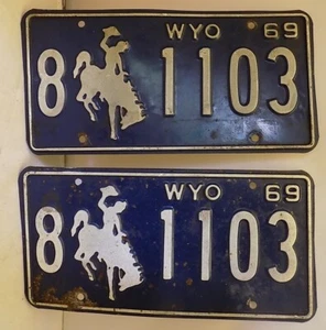 1969 Wyoming License Plate Pair/Set # 8-1103 Platte County Bucking Bronco Cowboy - Picture 1 of 3