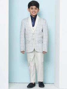 Kids 5 Piece Checkered Cotton Blend Coat Pant Suit Set For Boys - Picture 1 of 29
