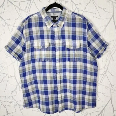 Attitude Blue Plaid Checks 100% Linen Western Short Sleeve Shirt | Men's XL - Image 1 of 4