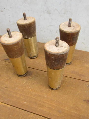 Vintage WOOD Table Legs Brass Skirts & Steel Feet Mid Century Modern 5" set of 4 Cover