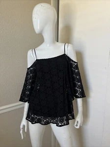 BAILEY/44 NEW! Black Eyelet Lace Cold Shoulder Swing Top w/ Bell Sleeves Sz XS - Picture 1 of 6