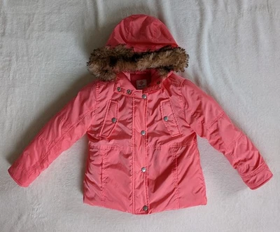 Gymboree Girl's Coral Pink Enchanted Winter Faux Fur Hooded Jacket Size 5-6 - Image 1 of 4