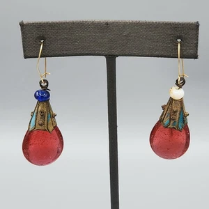 Antique Chinese Kingfisher Feather Gilt Red Peking Glass Style 14k Wire Earrings - Picture 1 of 12