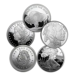 1 oz Silver Round - Secondary Market - Lot of 5 Rounds .999 Silver Random Brand - Picture 1 of 1