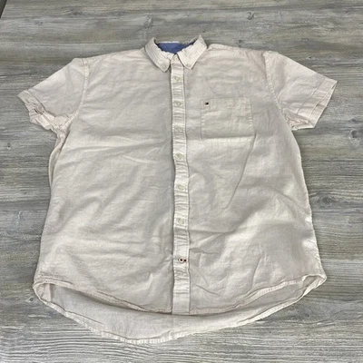 Vtg Tommy Hilfiger Men 2XL Button Up Short Sleeve Shirt Linen Cotton Beige Foto 1 de 4