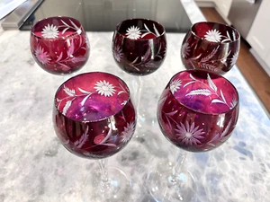 Antique Set of (5) Gorgeous Cut-to-Clear Ruby Red Crystal wine Glasses. - Picture 1 of 3