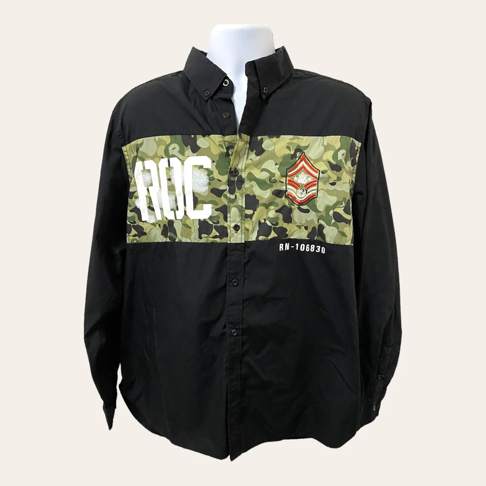 Rocawear Classics Mens Casual Black ButtonDown Big Tall XXL Hip Hop Camo Patch - Image 1 of 4