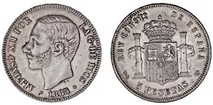 5 SILVER PESETAS / PLATA. DURO. MADRID. ALFONSO XII. 1885*18-86. XF+ / EBC+. - Imagen 1 de 1