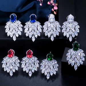 Classic Silver Plated Blue Cubic Zirconia Marquise Leaf Water Drop Stud Earrings - Picture 1 of 11