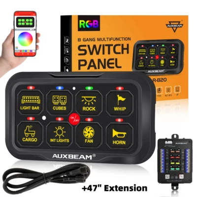 Painel interruptor multifuncional AUXBEAM 8 gangues RGB APP bluetooth +47" cabo de extensão - Imagem 1 de 4