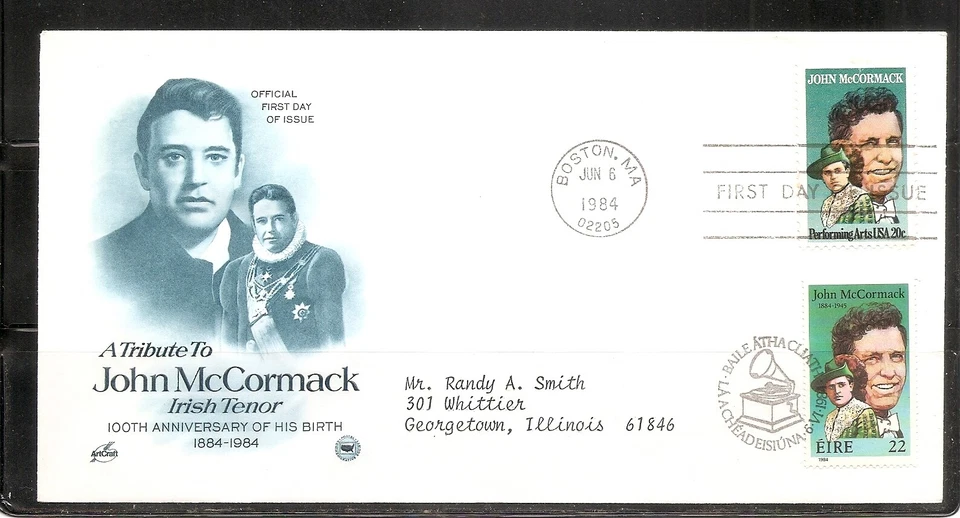 US SC # 2090 John McCormack Double Cancel, USA-Ireland . FDC . Artcraft Cachet - Image 1 of 1