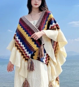New Women’s Knitted Yarn Ruffle Tassel Long Scarf Deco Shrug Shawl Throw Cape - Picture 1 of 9