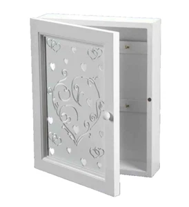 BACHECA PORTA CHIAVI PARETE CUORE BIANCA CASSETTA CHIAVI APPENDI LEGNO 20*26*6cm - Foto 1 di 7
