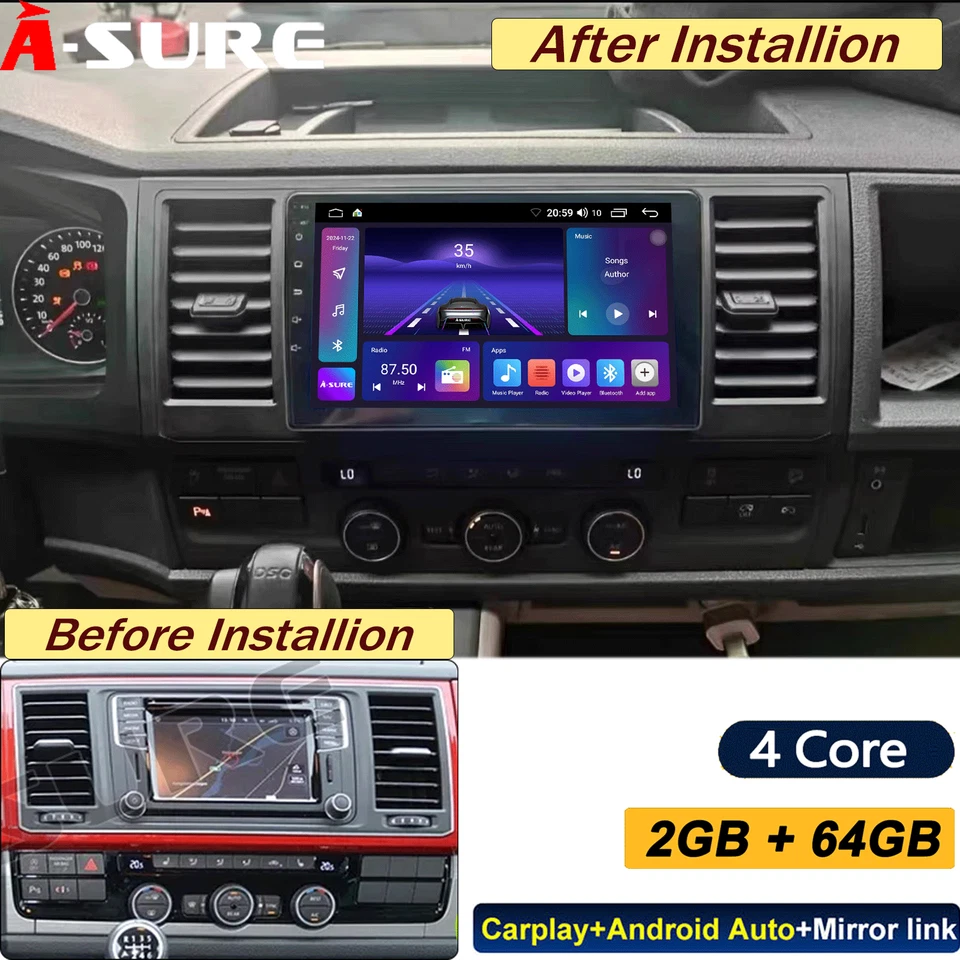 für VW T6 Transporter Multivan Android 14 Autoradio BT 5.0 GPS Navi Carplay 64GB - Bild 1 von 4