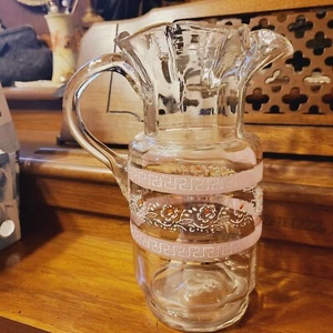 Antique Floral Enameled Clear Glass Lemonade Pitcher Hand Blown Ruffled 9 1/2" - Picture 1 of 10