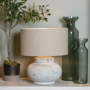 Rustic Ceramic Table Lamp with Linen Shade Aged White Stone Look 52cm Darcy - Picture 1 of 7