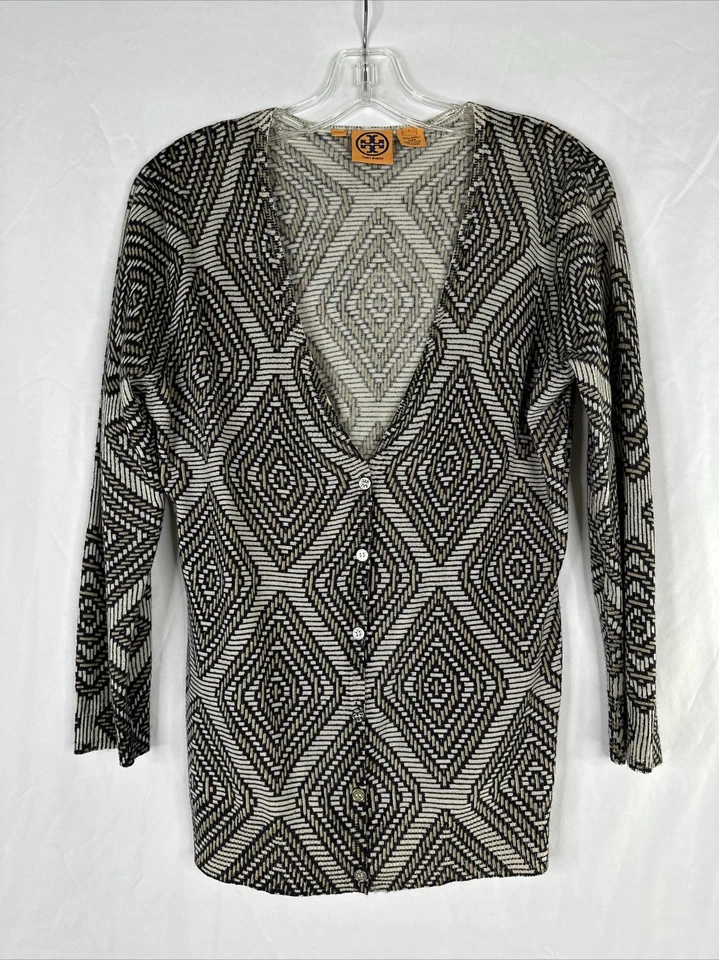 Cárdigan con botones de lana Tory Burch para mujer talla L geométrico manga 3/4 elástico Foto 1 de 4