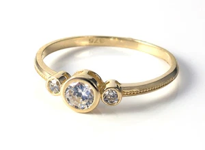 9ct Yellow Gold Rubover Three-Stone Engagement Ring with Created Diamond - Picture 1 of 10