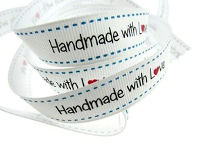 Bertie's White "Hand Made With Love" Ribbon - 16mm Wide - Grosgrain - BTB149 - Picture 1 of 7