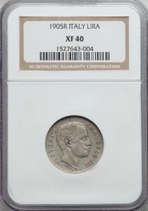 ITALY KINGDOM  1905-R  1 LIRA SILVER COIN, "RARE," NGC CERTIFIED XF40, KEY DATE - Picture 1 of 4