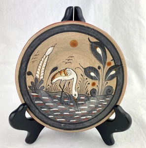 Mexican Tonala Crane Bird Folk Art Pottery 6” Plate Hand Painted Wall Hanging - Picture 1 of 4