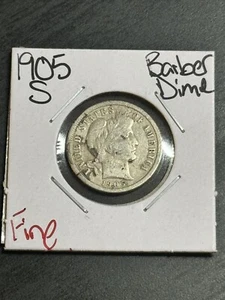 Moneda de diez centavos de plata de peluquero S 1905 bonita FN fina mejor fecha (Raw14044) - Imagen 1 de 2