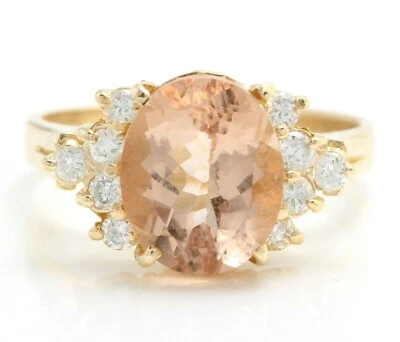 Anillo de mujer de oro amarillo macizo de 14 quilates de morganita natural y diamantes de 5,00 quilates Foto 1 de 4