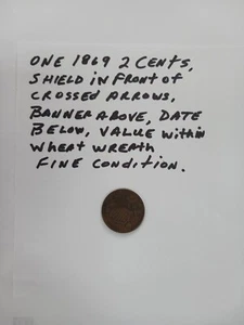 1869 Two Cent Piece U.S. Circulated Copper Coin-Fine Condition - Picture 1 of 2