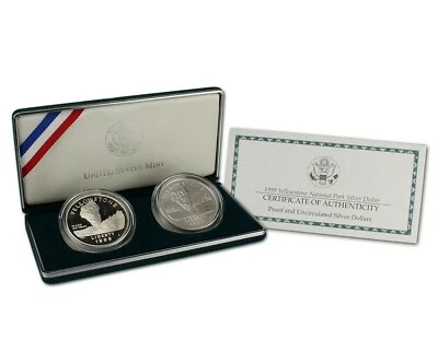 1999 Yellowstone Park 2 Coin PRF + UNC Silver Dollars US Mint $1 Coins Box + COA - Image 1 of 4
