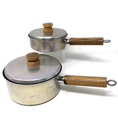 Mirro 2 Qt & 1 Qt Sauce Pan Vintage USA Non-Stick Aluminum Wooden Handle w/ Lids - Image 1 of 4