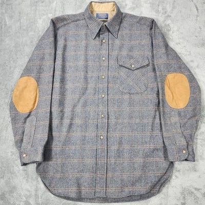 Camisa Pendleton Vintage Para Hombre Mediana Gris Azul Cuadros Lana Codo Parche EE. UU. AÑOS 70 Foto 1 de 4