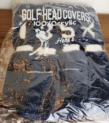 HERE'S FRED Vtg NOS Knit Golf Club Covers w/Pom Poms Navy White 4 pc. set - X, 1, 3, 5 NWT