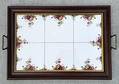 Vintage ROYAL ALBERT OLD COUNTRY ROSES 21.5" Tile Serving Tray Brass Handles EXC - Image 1 of 3