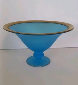 Vintage Tiffin Sky Blue Satin Glass Minton Gold Band Trim Compote 9 1/2" x 6" - Picture 1 of 8