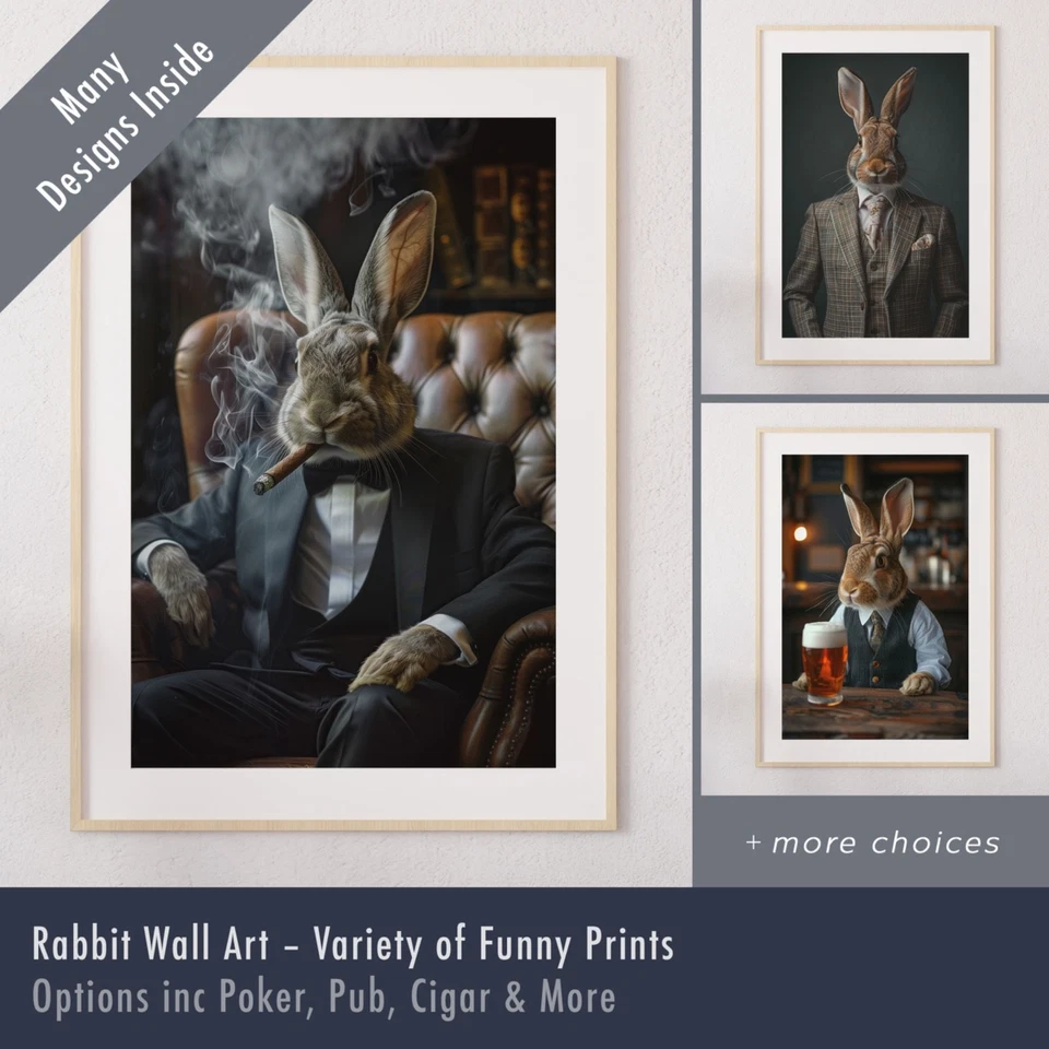 Arte de pared de conejo - Impresiones divertidas de animales | Poker, pub, cigarro, realeza, retratos Foto 1 de 1