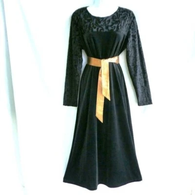 Vestido maxi vintage Diane Von Furstenberg preto veludo filigrana burnout longo EUA - Imagem 1 de 4