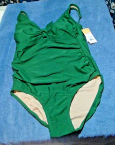 Kona Sol Womens Tie Front High Coverage One Piece Swimsuit Green M - Picture 1 of 20