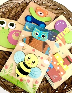 A Children’s Wooden Puzzles 6 Pc Colorful Set Sealed Pkgs New Variety Mix - Picture 1 of 10