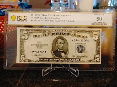 1953 $5 Silver Certificate ⭐Star Note. Serial # 07-04-2006. July 4-2006 About Un - Image 1 of 2
