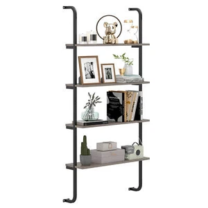 4-Tier Wall-mounted Ladder Shelf Display Bookshelf w/ Heavy-duty Metal Frame - Picture 1 of 10