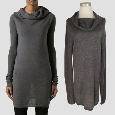 RICK OWENS L Gray Draped Cowl Neck Extra-Long Tunic Sweater PLINTH F/W '13 - Image 1 of 4