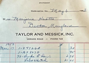 Distribuidor Denton Maryland Vintage Billhead Taylor and Messick John Deere 1953 - Imagen 1 de 2