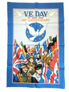 Vintage V.E. DAY 8th May 1945 50th Anniversary Linen & Cotton Tea Towel B3.1 - Picture 1 of 3