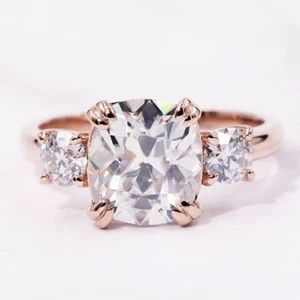 3.60TCW Old Mine Cushion Moissanite 3-Stones Engagement Ring Solid 14K Rose Gold - Picture 1 of 8