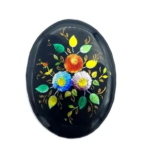 NOS France Antique Black Enamel Plaque Flowers Floral Design Large #B16 - Picture 1 of 2