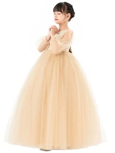 Pearl Beaded Trim V-Back Flower Girl Dress with Tulle Sleeves Formal Dresses - Picture 1 of 17