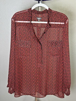 Camisa TALBOTS Talla 24W Roja Negra Manga Larga Estilo Pull Over Botón Frontal Transparente Foto 1 de 4
